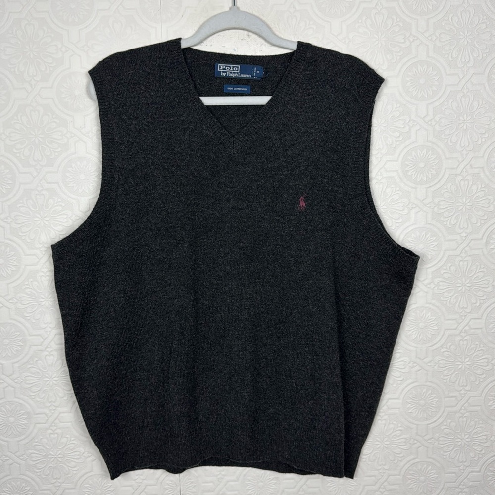 Polo Ralph Lauren 100% Lambs Wool Sweater Vest Men’s XL Grey Warm Vneck